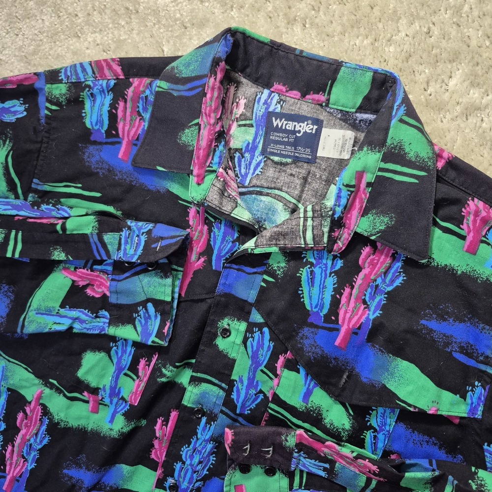 VTG Wrangler Brushpopper Shirt Mens 17.5 XL Blue Nature 90s Southwest Cowboy USA
